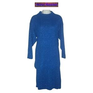 Vintage 80's Mathias Sweater Skirt Set Blue Ribbed Metallic Made In USA Retro L